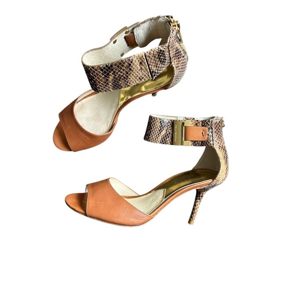 MICHAEL KORS Guiliana Faux Snake Skin Tan Leather Open Toe Sandal Heels US 6